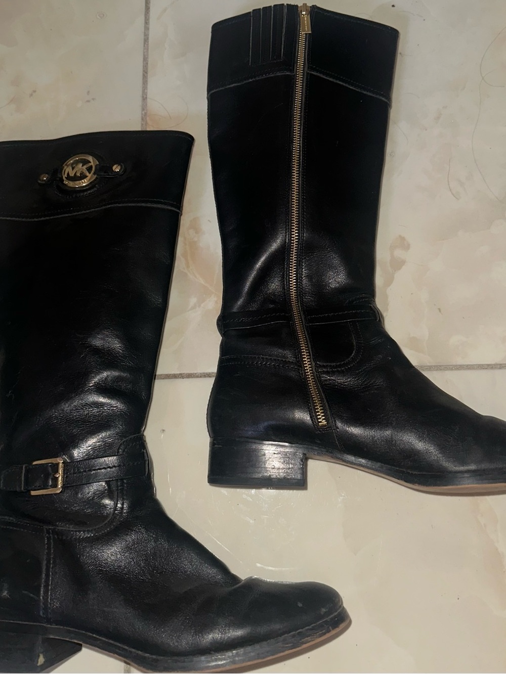Michael Kors Black Leather Mid-Calf Riding Boots with Gold Hardware size 11
